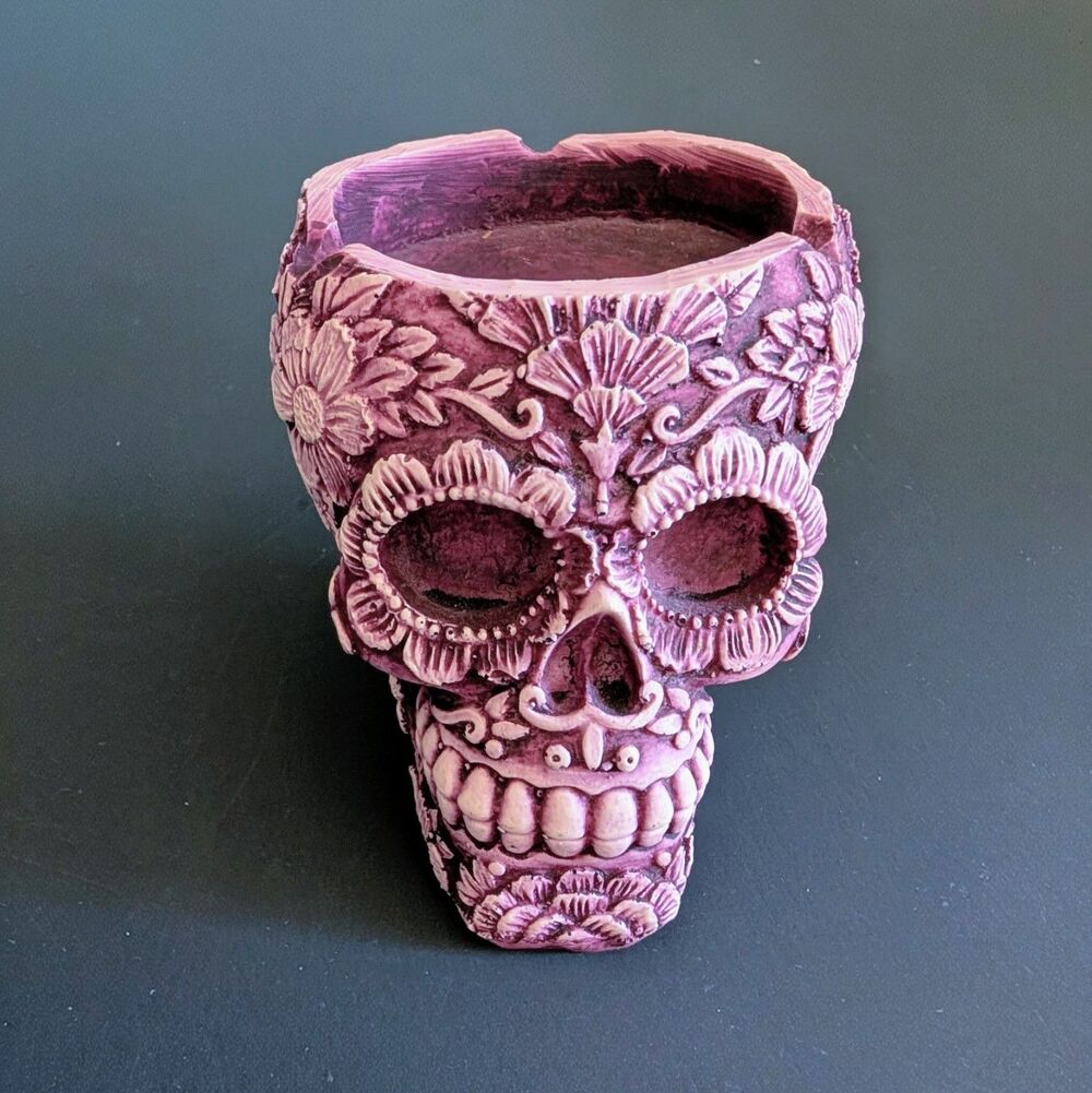 Polyresin Floral Sugar Skull Ashtray Purple Halloween Decor
